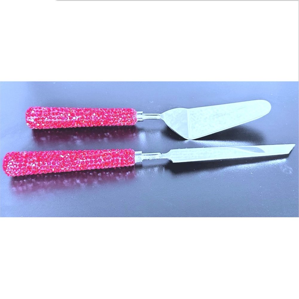Cake Knife & Server Set, Silver with Red Crystal Handles, Wedding, Anniversary